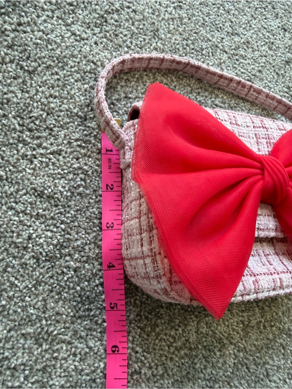 Girls Pink and Red Tweed Shoulder Bag with Large Red Bow - Picture 6 of 14